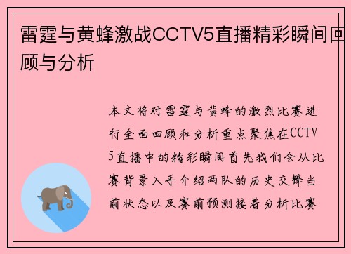 雷霆与黄蜂激战CCTV5直播精彩瞬间回顾与分析